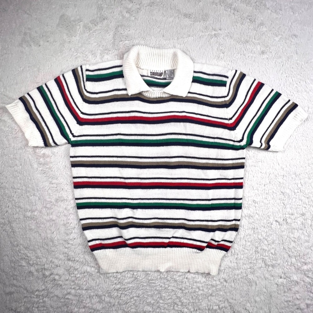 Vintage Country Suburbans Polo Sweater Women's LARGE White Red Striped Knit 90s